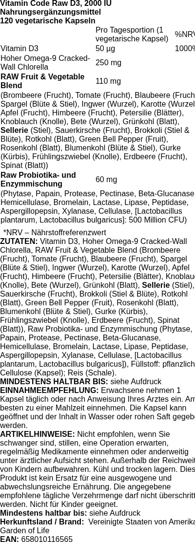 Produktetikett — Vitamin Code Raw D3, 2000 IU - 120 vcaps