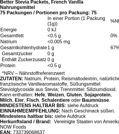 Produktetikett — Better Stevia Packets, French Vanilla - 75 packets