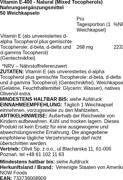 Produktetikett — Vitamin E-400 - Natural (Mixed Tocopherols) - 50 softgels