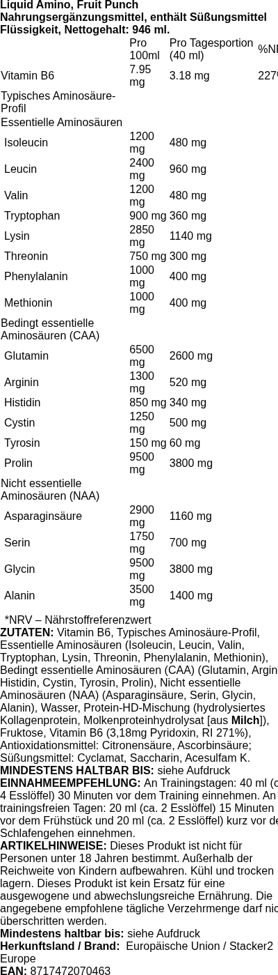Produktetikett — Liquid Amino, Fruit Punch - 946 ml.