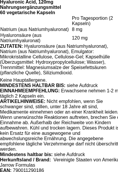 Produktetikett — Hyaluronic Acid, 120mg - 60 vcaps
