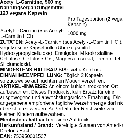 Produktetikett — Acetyl L-Carnitine, 500mg - 120 vcaps