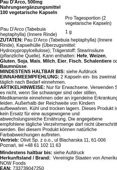 Produktetikett — Pau D'Arco, 500mg - 100 vcaps