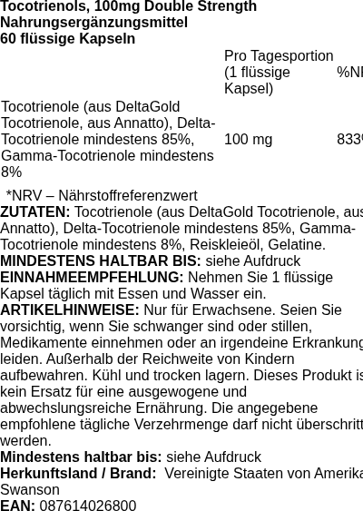 Produktetikett — Tocotrienols, 100mg Double Strength - 60 liquid caps