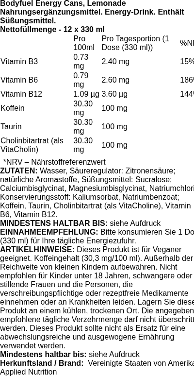 Produktetikett — Bodyfuel Energy Cans, Lemonade - 12 x 330 ml.