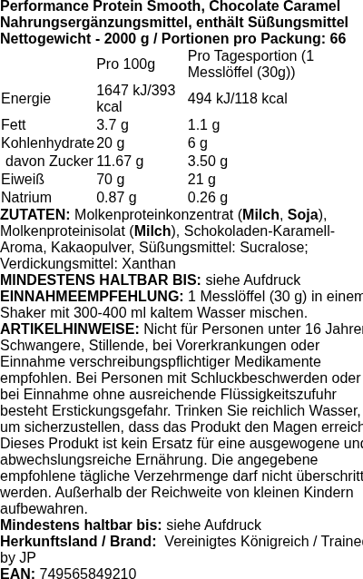 Produktetikett — Performance Protein Smooth, Caramel Fudge - 2000 grams