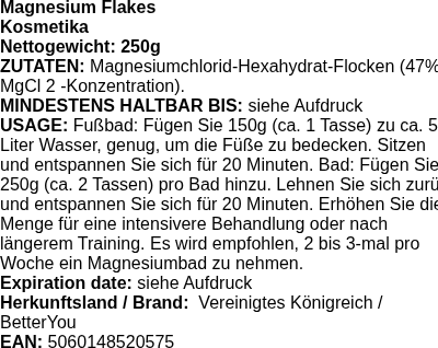 Produktetikett — Magnesium Flakes - 250 grams