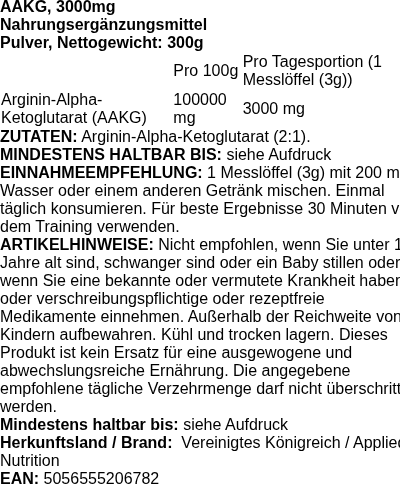 Produktetikett — AAKG, 3000mg - 300 grams