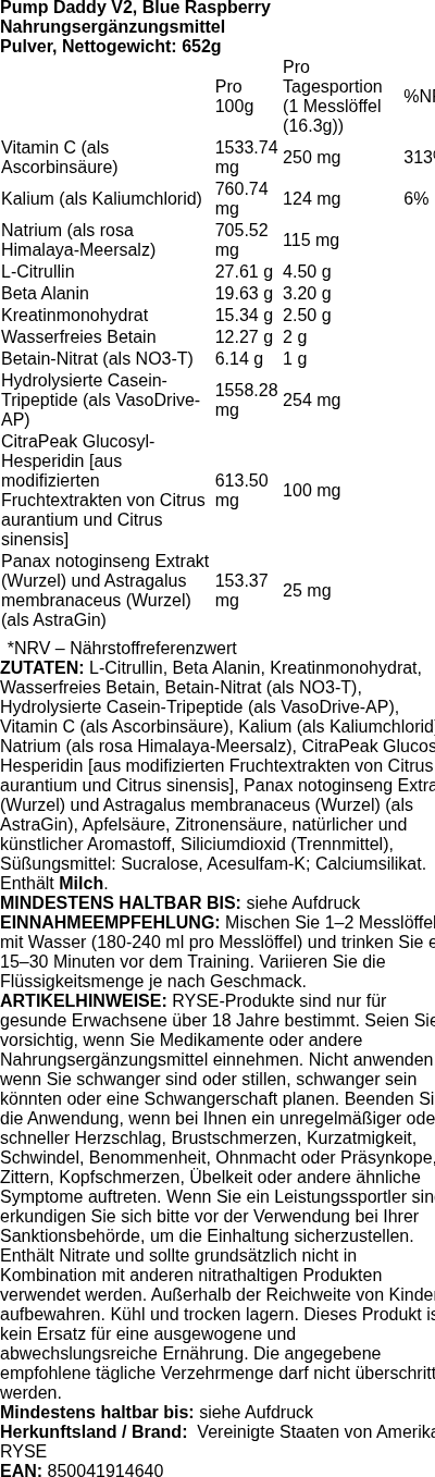 Produktetikett — Pump Daddy V2, Blue Raspberry - 652 grams