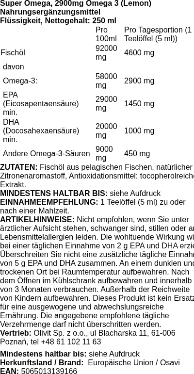 Produktetikett — Super Omega, 2900mg Omega 3 (Lemon) - 250 ml.