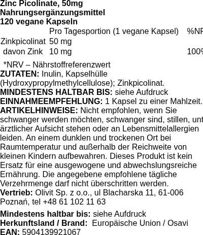 Produktetikett — Zinc Picolinate, 50mg - 120 vegan caps