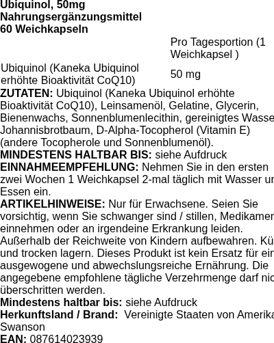 Produktetikett — Ubiquinol, 200mg - 30 softgels