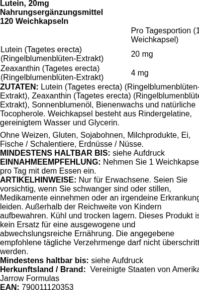 Produktetikett — Lutein, 20mg - 120 softgels