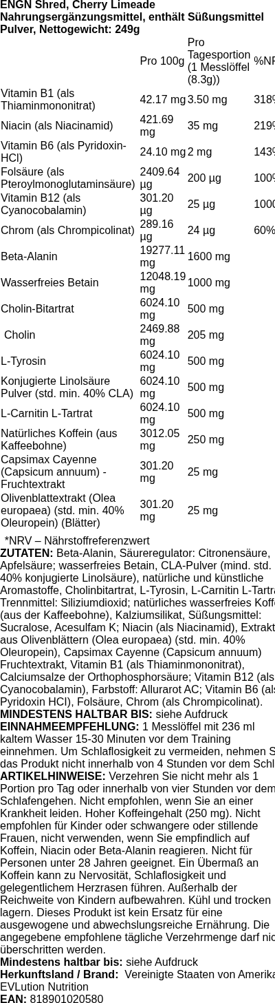 Produktetikett — ENGN Shred, Cherry Limeade - 249 grams