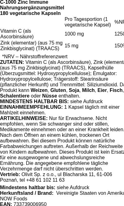 Produktetikett — C-1000 Zinc Immune - 180 vcaps