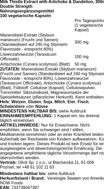 Produktetikett — Milk Thistle Extract with Artichoke & Dandelion, 300mg Double Strength - 100 vcaps