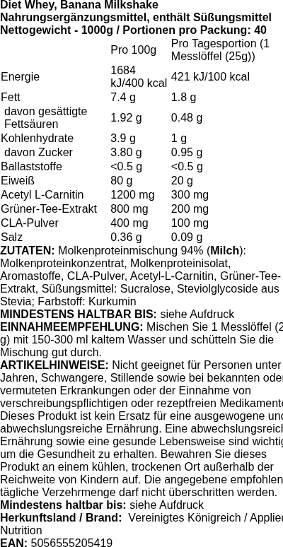 Produktetikett — Diet Whey, Banana Milkshake - 1000 grams