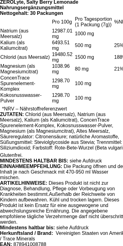 Produktetikett — ZEROLyte, Salty Berry Lemonade - 30 packets