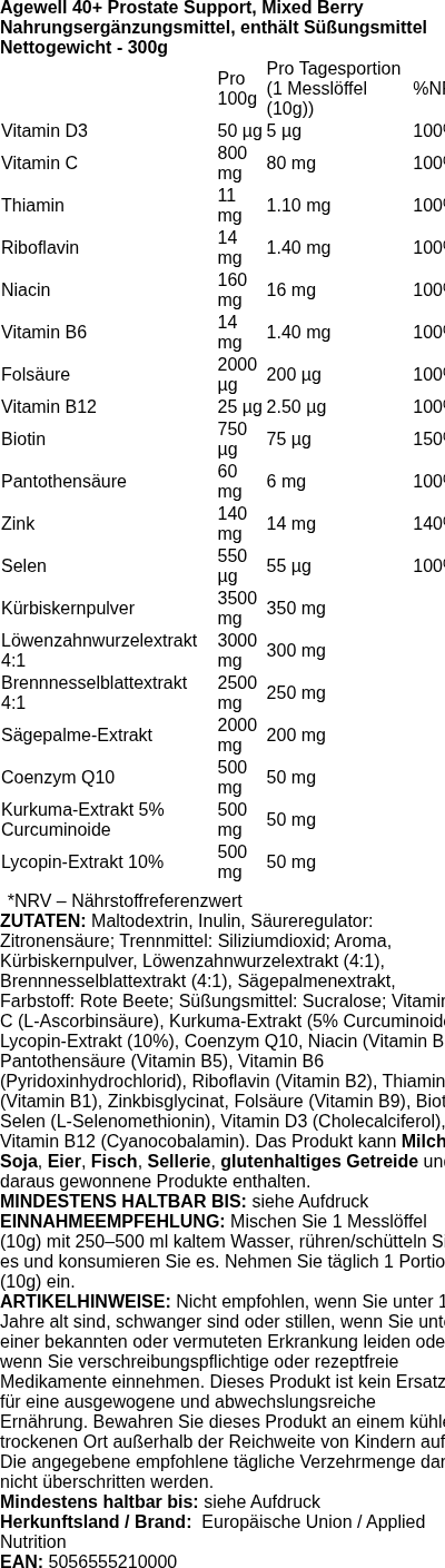 Produktetikett — Agewell 40+ Prostate Support, Mixed Berry - 300 grams