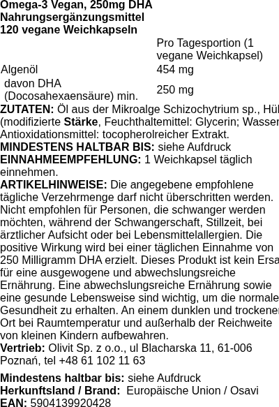 Produktetikett — Omega-3 Vegan, 250mg DHA - 120 vegan softgels