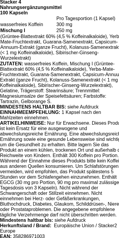 Produktetikett — Stacker 4 - 100 caps (EAN 358286971003)