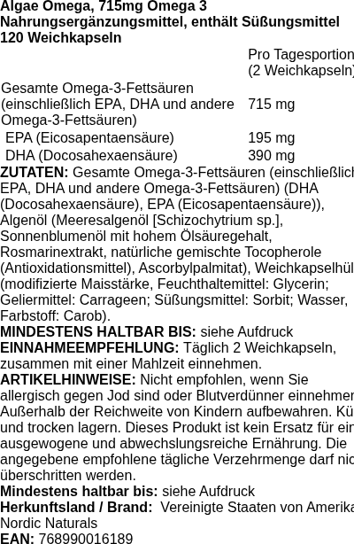 Produktetikett — Algae Omega, 715mg Omega 3 - 120 softgels