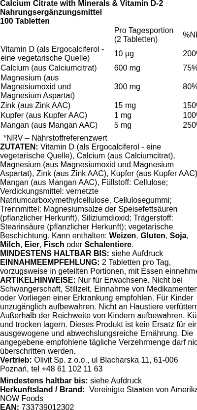 Produktetikett — Calcium Citrate with Minerals & Vitamin D-2 - 100 tablets