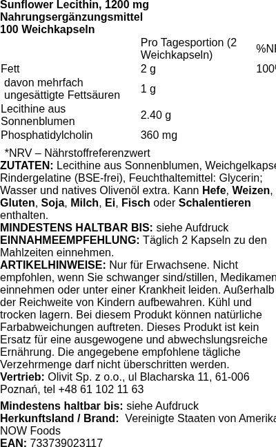 Produktetikett — Sunflower Lecithin, 1200mg - 100 softgels