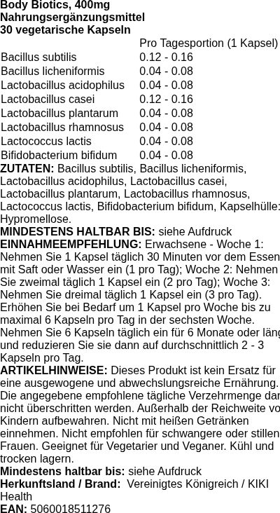 Produktetikett — Body Biotics, 400mg - 30 vcaps