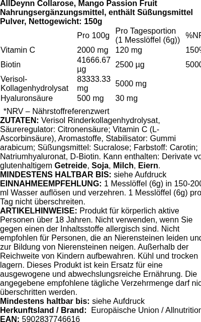 Produktetikett — AllDeynn Collarose, Mango Passion Fruit - 150 grams