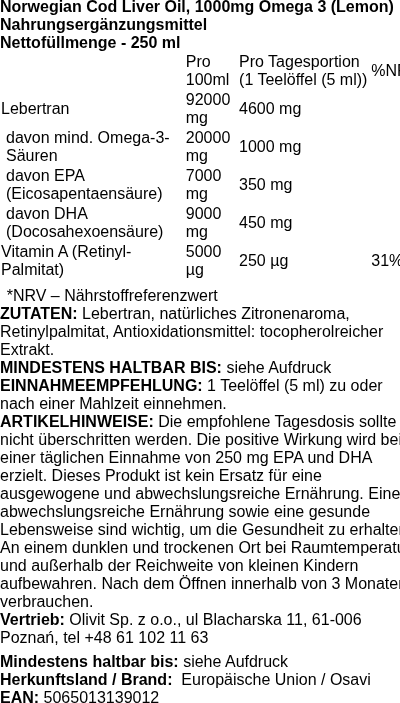 Produktetikett — Norwegian Cod Liver Oil, 1000mg Omega 3 (Lemon) - 250 ml.
