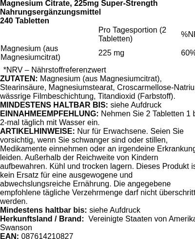 Produktetikett — Magnesium Citrate, 225mg Super-Strength - 240 tablets