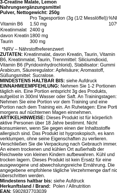Produktetikett — 3-Creatine Malate, Lemon - 250 grams