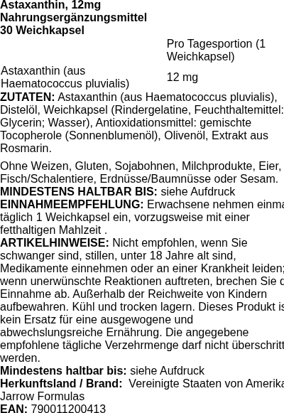 Produktetikett — Astaxanthin, 12mg - 30 softgels