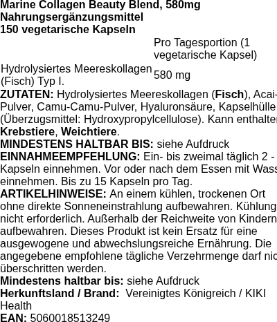 Produktetikett — Marine Collagen Beauty Blend, 580mg - 150 vcaps