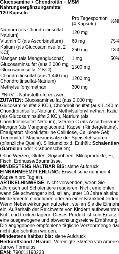 Produktetikett — Glucosamine + Chondroitin + MSM - 120 caps