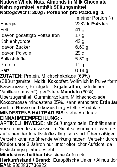 Produktetikett — Nutlove Whole Nuts, Almonds in Milk Chocolate - 300 grams