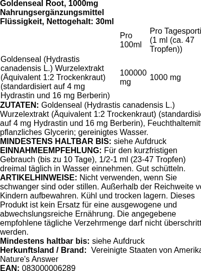 Produktetikett — Goldenseal Root, 1000mg - 30 ml.