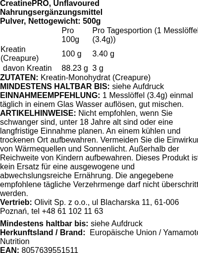 Produktetikett — CreatinePRO Creapure, Unflavoured - 500 grams