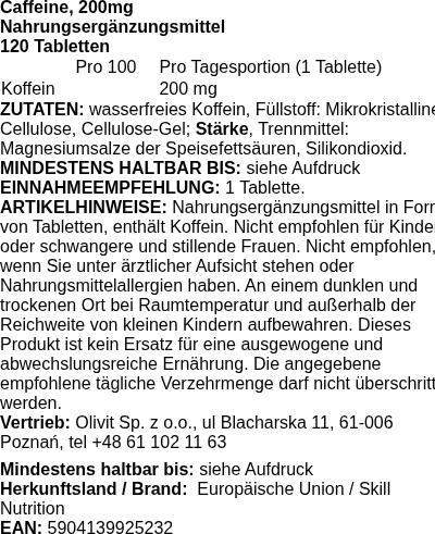 Produktetikett — Caffeine, 200mg - 120 tablets