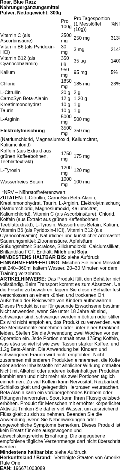 Produktetikett — Roar, Blue Razz - 300 grams