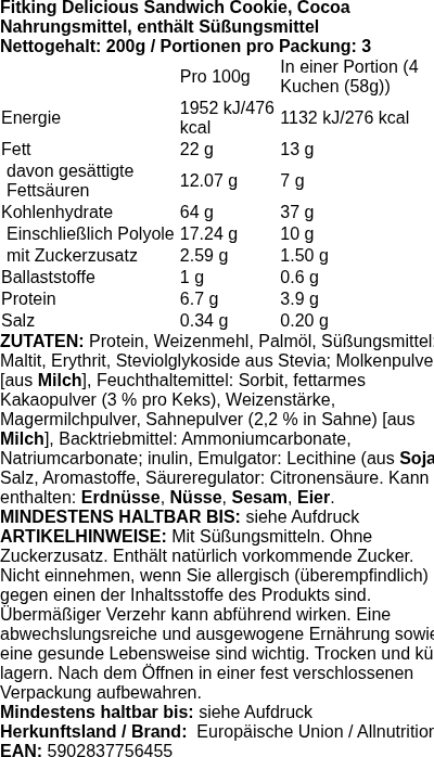 Produktetikett — Fitking Delicious Sandwich Cookie, Cocoa - 200 grams