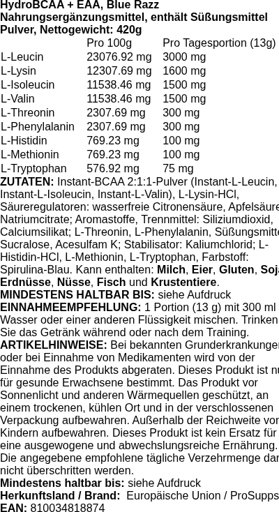 Produktetikett — HydroBCAA + EAA, Blue Razz - 420 grams