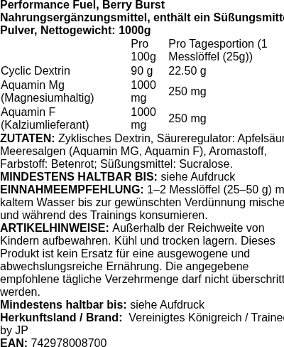 Produktetikett — Performance Fuel, Berry Burst - 1000 grams