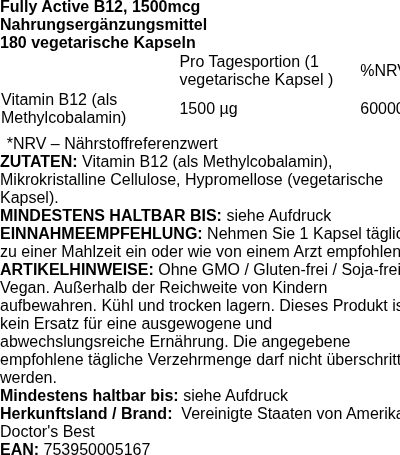 Produktetikett — Fully Active B12, 1500mcg - 180 vcaps