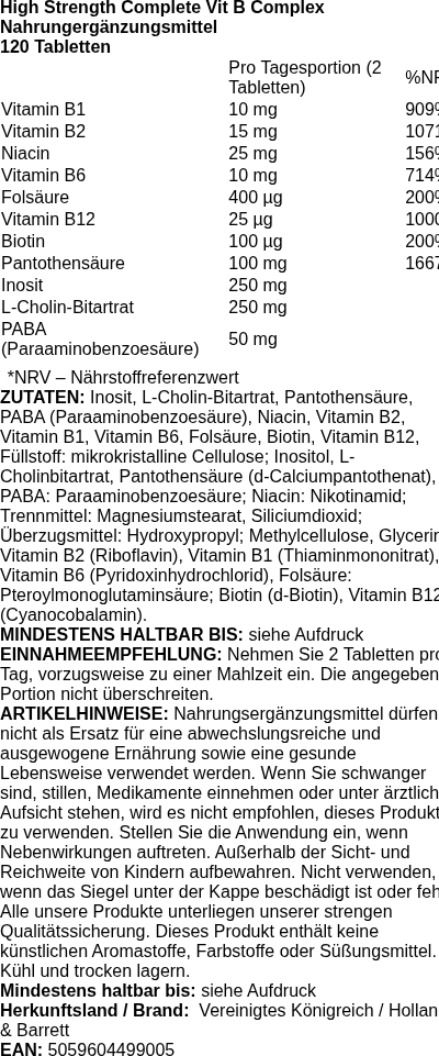 Produktetikett — High Strength Complete Vit B Complex - 120 tablets