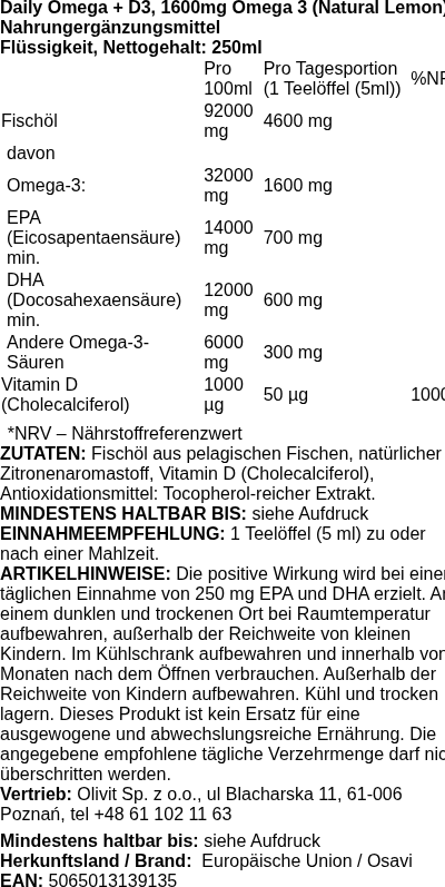 Produktetikett — Daily Omega + D3, 1600mg Omega 3 (Natural Lemon) - 250 ml.