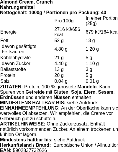 Produktetikett — Almond Cream, Crunch (EAN 5902837732626) - 1000 grams
