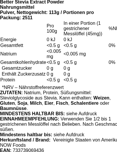 Produktetikett — Better Stevia Extract Powder - 113 grams