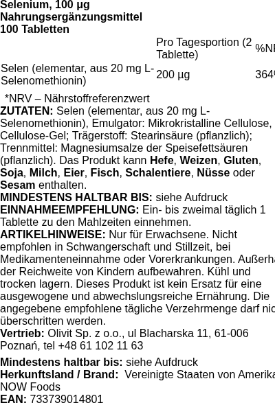 Produktetikett — Selenium, 100mcg - 100 tablets